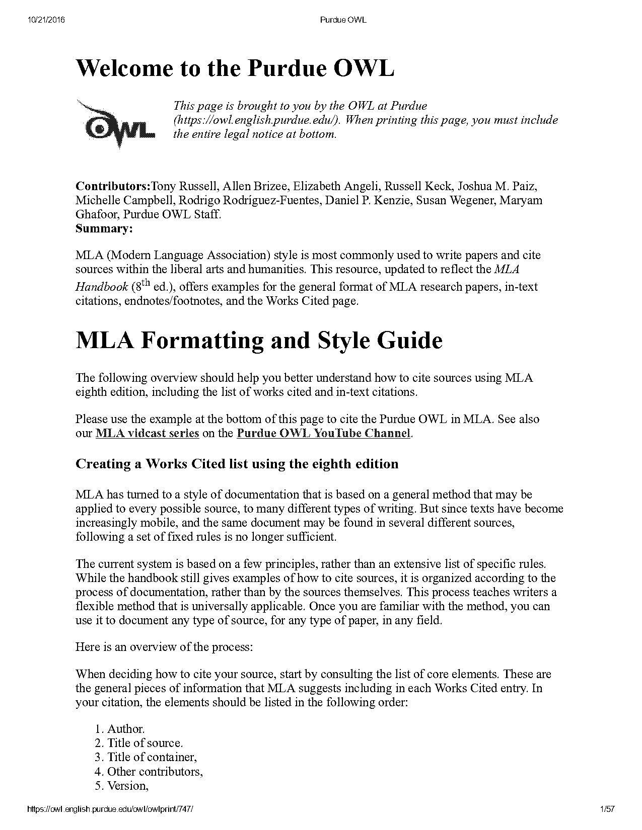 purdueowl mla citation journal article in a database